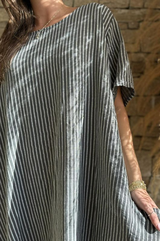 Salcombe Chalk Stripe Cotton Cocoon Dress Graphite